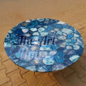 Blue Agate Stone Table Top – Handmade Gemstone Inlay Art | Custom Round Coffee Table | Luxury Natural Stone Home Decor