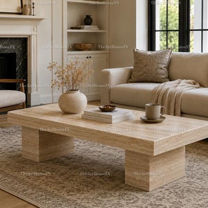 Pode incluir: Uma mesa de centro retangular feita de pedra travertino bege com uma superfície lisa e polida e duas pernas de pedestal grossas em forma de bloco. A mesa apresenta um padrão de veios lineares naturais em toda a sua estrutura sólida.