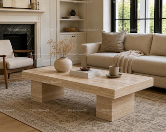Rectangular Travertine Coffee Table | Natural Stone, Contemporary Luxury Living Room Furniture