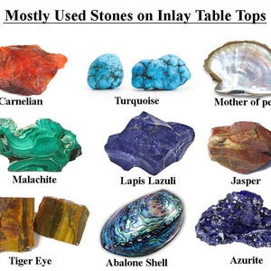 May include: A collection of nine different stones used for inlay table tops. The stones include carnelian, turquoise, mother of pearl, malachite, lapis lazuli, jasper, tiger eye, abalone shell, and azurite.