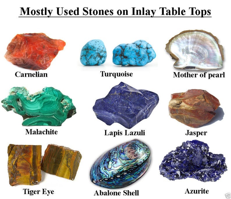 May include: A collection of nine different stones used for inlay table tops. The stones include carnelian, turquoise, mother of pearl, malachite, lapis lazuli, jasper, tiger eye, abalone shell, and azurite.