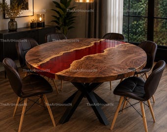 Luxury Red Epoxy Resin Round Dining Table | Live Edge Walnut Wood River Table | Handmade Furniture | Live Edge Walnut Wood Table | Luxury