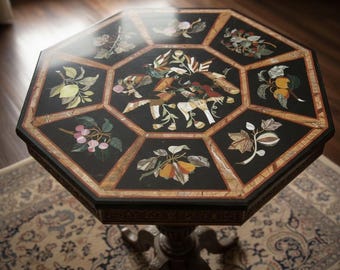 Black Octagon Accent Table with Fruit and Bird Mosaic Inlay | Unique Vintage Hardstone Marquetry Side Table | Home Decor Gift