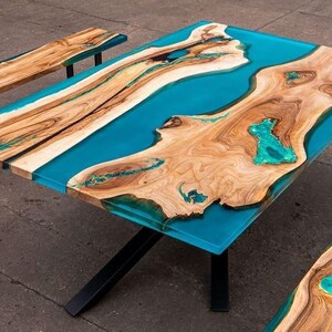 Custom Blue Epoxy River Tabletop | Live Edge Acacia Wood Dining Table | Handmade Resin Table | Unique Modern Furniture | Epoxy Table Top