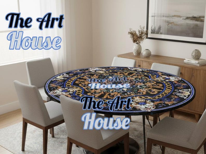 Luxury Black Marble Inlay Table Top – Handcrafted Floral Pietra Dura Dining Table | Royal Gemstone Art Table by The Art House | image 4