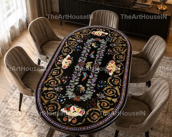 Luxury Hand Painted Marble Inlay Dining Table Top | Black Floral Pietra Dura Table | Oval Marble Table Black Floral Marble Inlay Table Top |