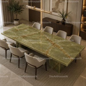 May include: A spacious dining room featuring a large, rectangular green onyx table, approximately 300cm long, with a natural veined pattern. Ten cream-colored chairs with dark wooden legs surround the table. The room has a modern design with neutral tones.