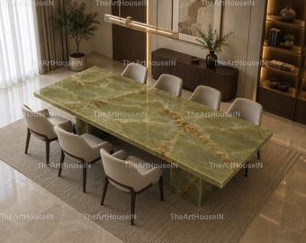 Luxury Green Onyx Dining Table – Modern Rectangular Marble Dining Table with Sculptural Pedestal Base, Luxury Stone Dining Room Table top