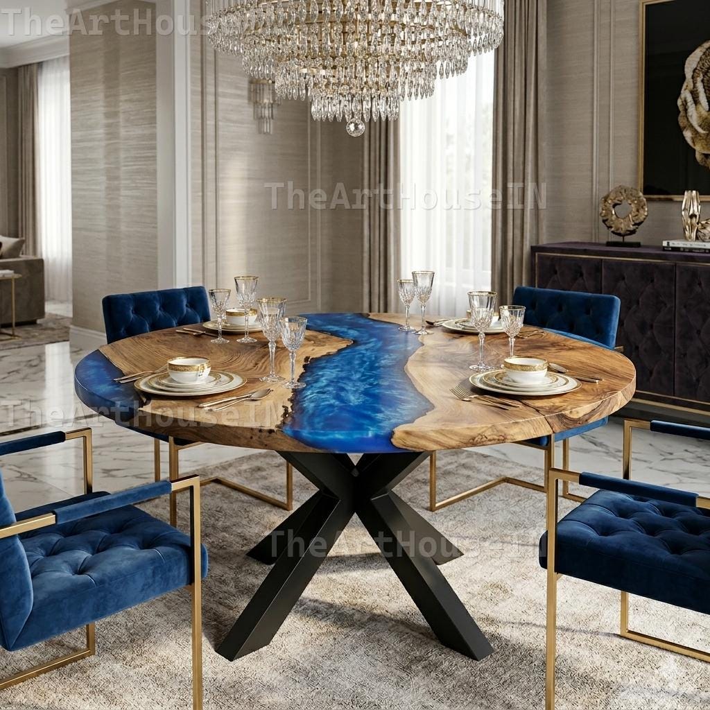 Buy Round Acacia Wood Blue Epoxy River Dining Table, Live Edge