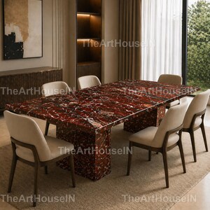 Rosso Levanto Marble Dining Table, Red Marble Kitchen Table with Pedestal Base, Luxury Stone Dining Table, Custom Rectangular Marble Table