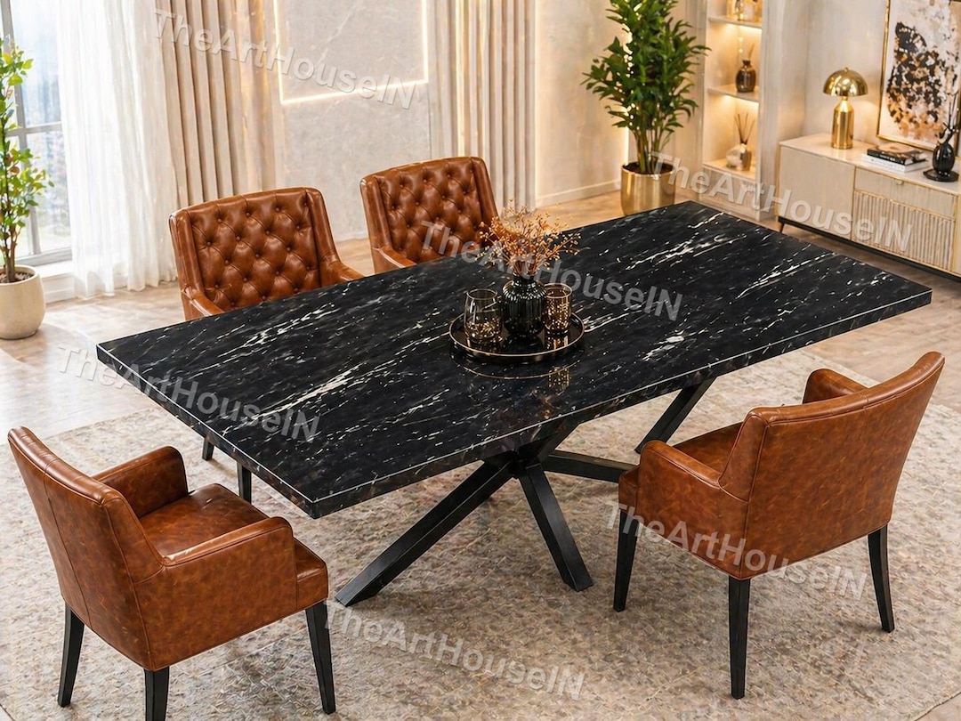 Handmade Nero Marquina Marble Dining Table, Modern Minimalist Black ...