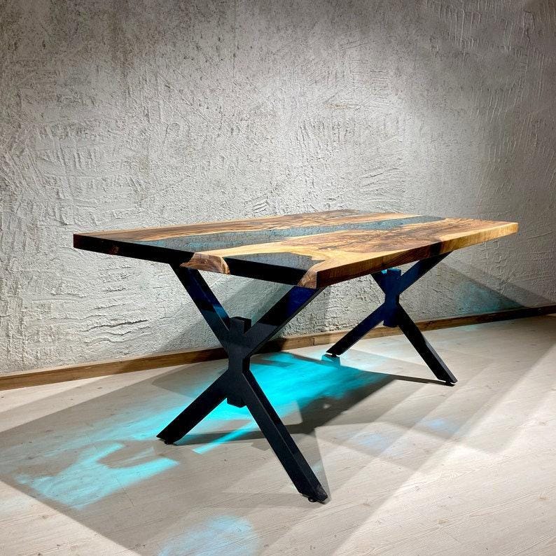 エポキシ樹脂リバーテーブル | 天然木＆ブルーエポキシ | ハンドメイド