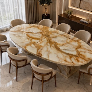 Puede incluir: Una mesa de comedor ovalada con un tablero de mármol blanco y ámbar pulido con vetas prominentes, apoyada sobre una base de pedestal de mármol a juego. Ocho sillas curvas con asientos tapizados en beige claro y marcos de madera oscura.