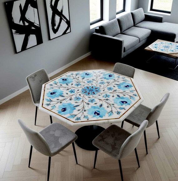 Octagonal White Marble Table Top | Turquoise Floral Inlay Art | Pietra Dura Table , Marble Inlay Table Top, coffee, dinning, side table top