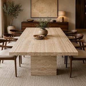 Travertine Dining Table, Rectangular Natural Stone, Modern Minimalist Pedestal Base