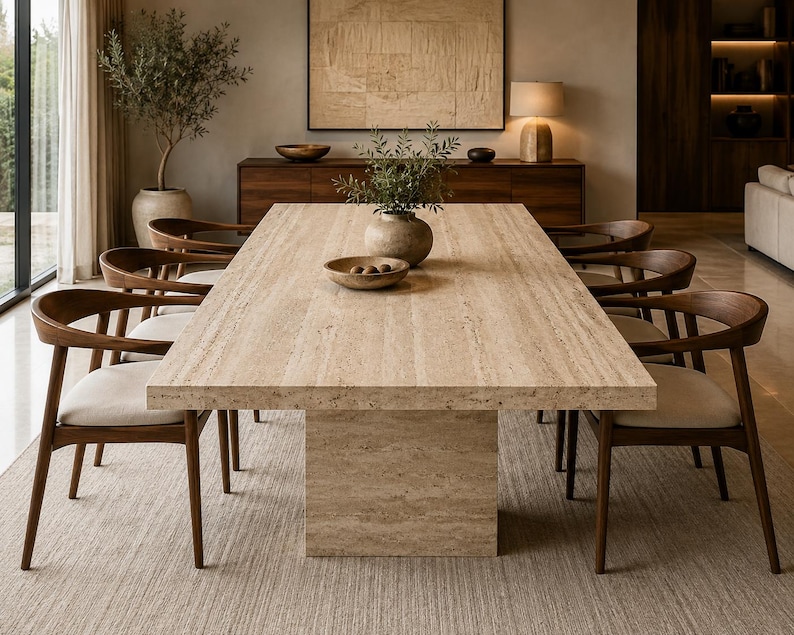May include: A rectangular dining table with a beige travertine stone top and a matching pedestal base, surrounded by six wooden chairs featuring curved backrests and light-coloured upholstered seats, arranged in a formal dining room setting.