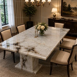 May include: A rectangular dining table with a polished white and grey marble top featuring dark veining, supported by a matching marble pedestal base. The table is surrounded by six chairs with dark wood frames and light beige upholstered seats.