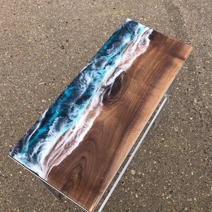 blue Ocean Wave Epoxy Table | Live Edge Acacia Wood Coffee Table | Resin Beach Art Tabletop | Modern Coastal Furniture | Epoxy dining table