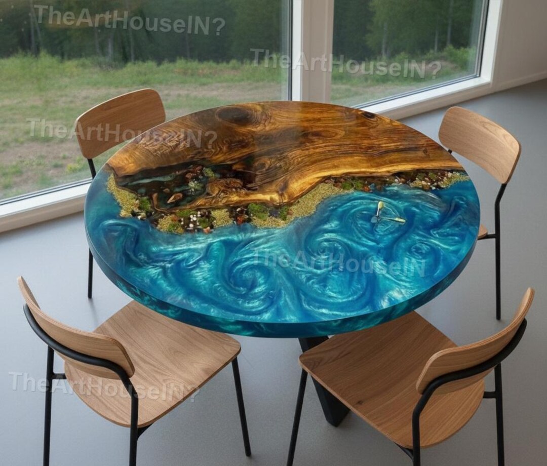Round Epoxy Ocean Table Top Handmade Wood Blue Resin Art Table Coastal ...