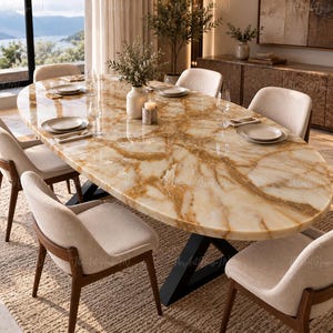 Puede incluir: Una mesa de comedor ovalada con un tablero de mármol pulido en tonos beige y marrón con vetas marcadas, apoyada sobre una base de metal negro en forma de X. La mesa está rodeada por seis sillas tapizadas en tela crema con marcos de madera oscura.
