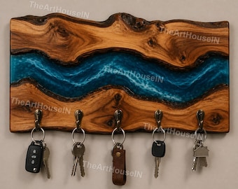 Llavero de resina epoxi azul océano y nogal, llavero de madera con borde natural, gancho de pared industrial moderno, llavero decorativo único hecho a mano