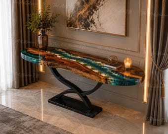 Handmade Live Edge Walnut Epoxy River Console Table – Turquoise Pebble Resin Entryway Sofa Table