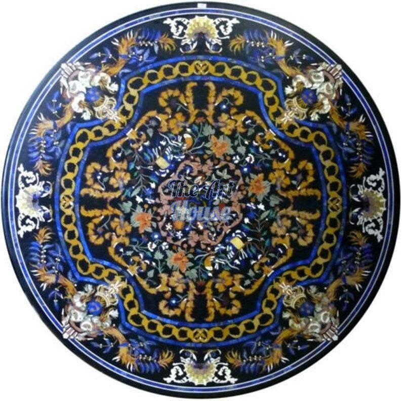 Luxury Black Marble Inlay Table Top – Handcrafted Floral Pietra Dura Dining Table | Royal Gemstone Art Table by The Art House | image 3