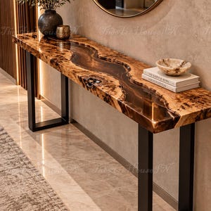 Amber Epoxy Resin Console Table, Natural Live Edge Wood Hallway Table, Handmade Entryway Furniture Live Edge Wood Resin Console Table,