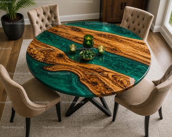 Luxury Emerald Green Epoxy Resin Dining Table Top | Round Live Edge Wood River Table | Handmade Modern Dining Table | Round Live Edge Wood