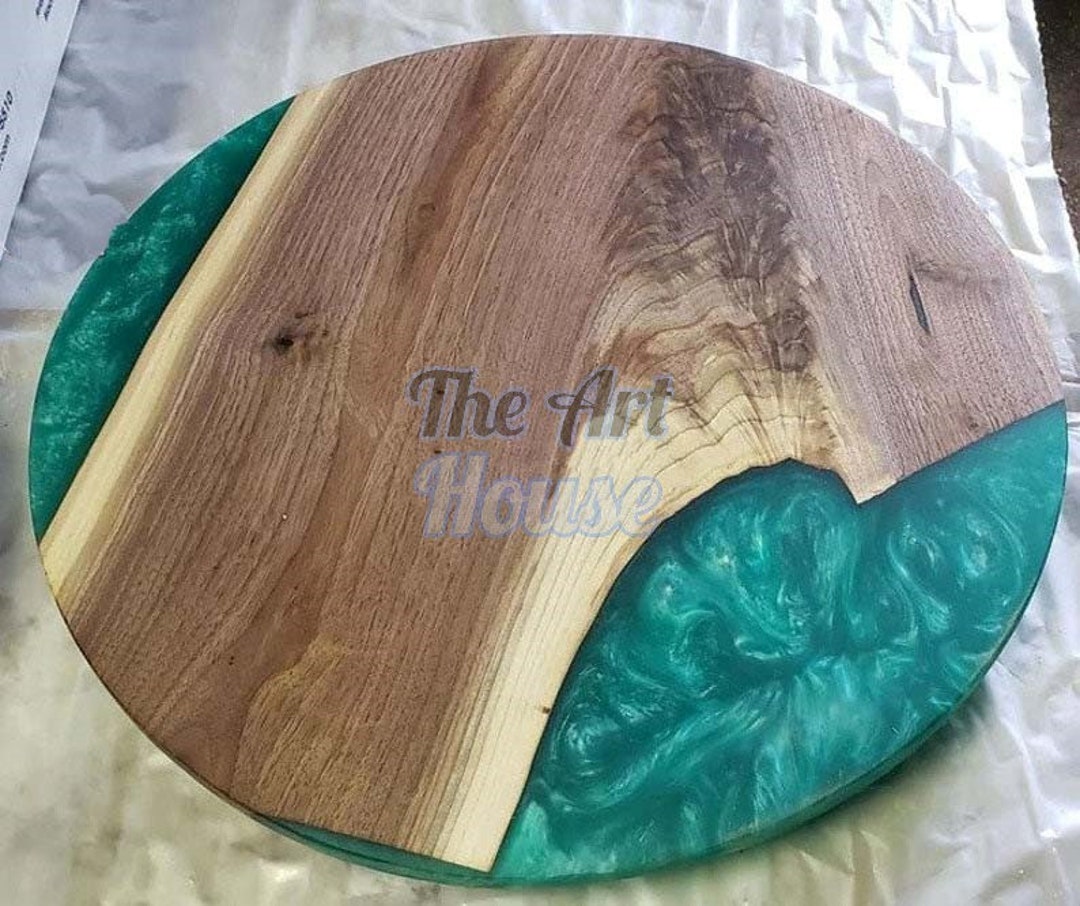 Round Wood Table With Resin, Round Decor Epoxy Green Table, Round