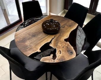 Round Wood Table With Resin, Round Epoxy Table, black Decor Epoxy Table, Round Coffee Table, Round Edge Coffee Table, Round Epoxy Table Top