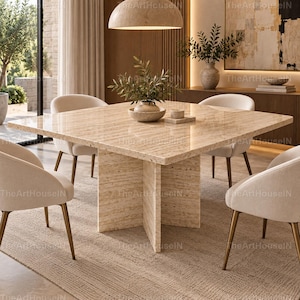 Handmade Square Travertine Dining Table, Sculptural Pedestal Base, Modern Stone Furniture