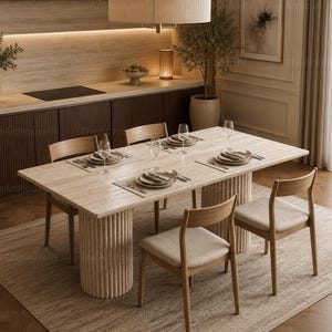 Puede incluir: Una mesa de comedor rectangular con tablero de piedra beige claro y dos bases cilíndricas estriadas, acompañada de cuatro sillas de madera con asientos tapizados en beige claro. Cada cubierto incluye un plato, cubiertos y un vaso.