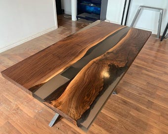 Live Edge Walnut Epoxy River Table – Custom Wood Dining Table with Smoky Grey Resin | Modern Handmade Furniture | Rustic Office Desk