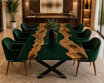 Luxury Emerald Green Epoxy Resin Dining Table Top | Live Edge Olive Wood River Table | Live Edge Olive Wood Tabletop | Luxury Modern Dining