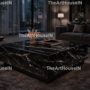 Black Marble Coffee Table, Natural Stone Center Table, Modern Luxury Square Design