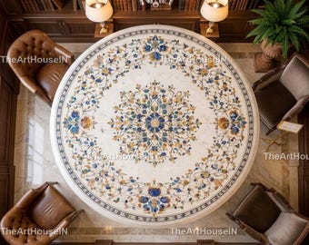 Handmade Octagonal Marble Inlay Table Top | Floral Pietra Dura Art with Semi-Precious Stones | Luxury Indian Marble Decor.