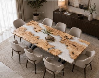Luxury Olive Wood & White Epoxy Resin Dining Table Top | Handmade Live Edge River Table | Modern Dining | White Epoxy Resin Dining Table |