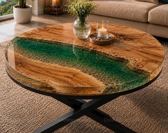 Handmade Burl Wood Epoxy River Coffee Table | Emerald Green Resin, Live Edge Center Table