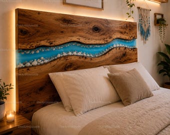 Blue Epoxy River Live Edge Wood Headboard, Rustic Resin Bed Furniture