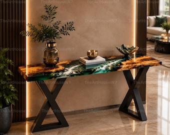 Handmade Live Edge Olive Wood Emerald Epoxy River Console Table