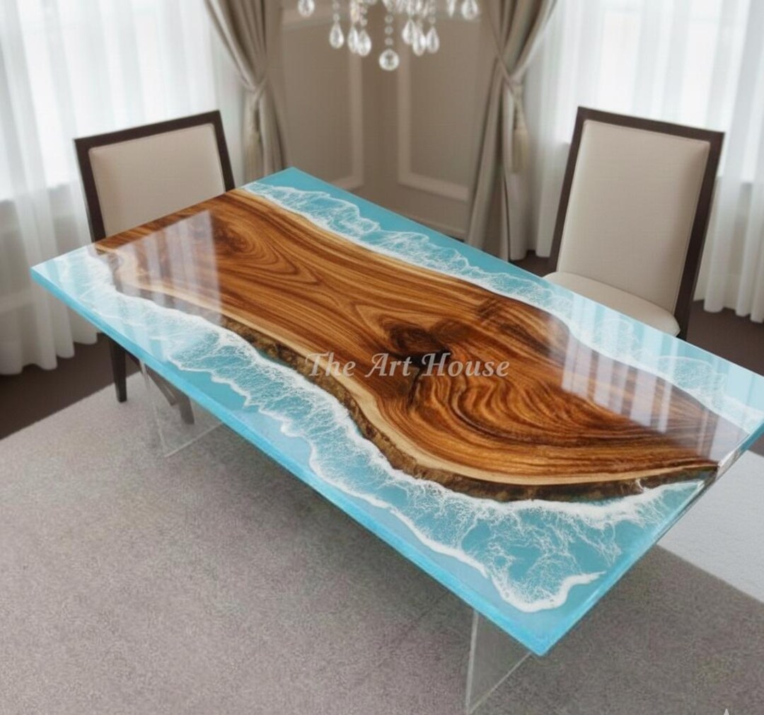 Ocean Wave Resin and Live Edge Wood Dining Table | Custom Blue Epoxy ...