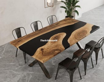 Custom Walnut Epoxy River Table Top, Natural Wood Dining, Side Center