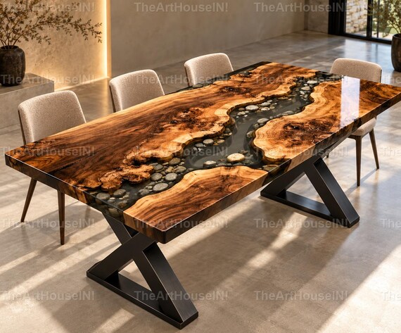 Handgefertigte Esstischplatte aus Walnussholz mit natürlicher Baumkante und Epoxidharz, Black River Design