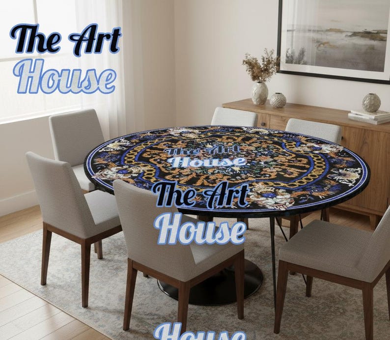 Luxury Black Marble Inlay Table Top – Handcrafted Floral Pietra Dura Dining Table | Royal Gemstone Art Table by The Art House | image 1