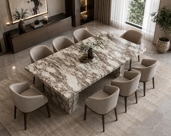 Calacatta Marble Dining Table | Brown White Veined Stone | Waterfall Modern Statement Furniture