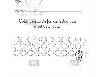 May include: A white 30 Day Challenge printable with the text "30 Day Challenge" at the top. The design includes spaces for goals, rewards, and a grid of circles to track progress. The text "Color in a circle for each day you meet your goal" is also included.
