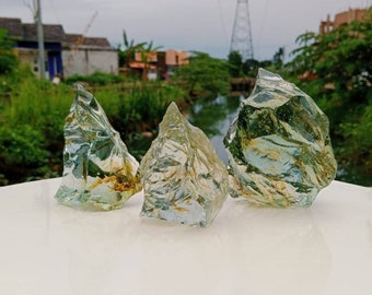3 pcs 1030 gr of rough andara crystal clear and yellow fiber inside monatomic for meditation