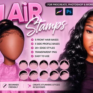 May include: A pink graphic promoting "HAIR Stamps" for digital art, with illustrations of hairstyles. The image includes the text "10 PNG STAMPS", and details like "5 FRONT HAIR BASES", "5 SIDE PROFILE BASES", and "20+ EDGE STYLES".