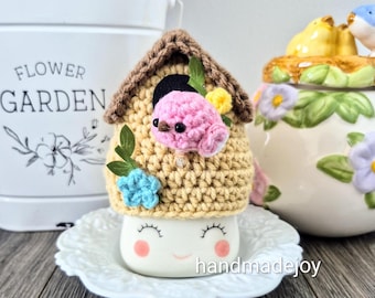 Birdhouse Marshmallow Mug Hat, Spring Decor, Farmhouse, Indoor Garden, Tiered Tray Decor, Amigurumi Bird